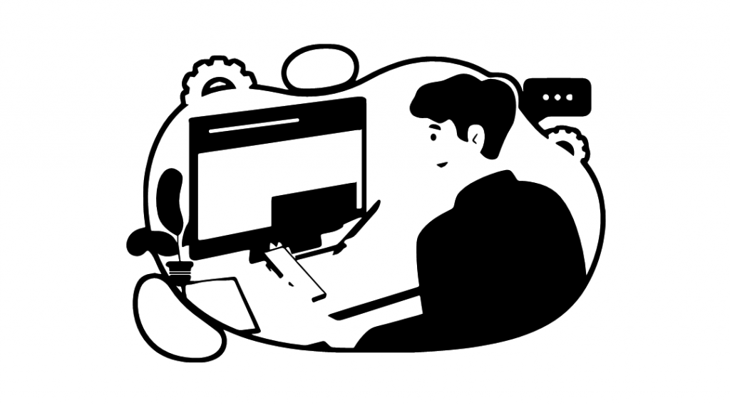 Das Bild zeigt eine Person, die am PC arbeitet, sich mit Agenturen austauscht und sich um Grafik-Designs kümmert.